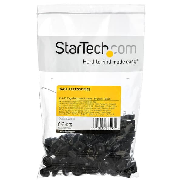 StarTech.com 50 Pack 10-32 palvelintelinehäkin mutterit ja ruuvit aluslevyineen, telineeseen asennettava laitteistosarja verkko-/IT-laitteille, itselu