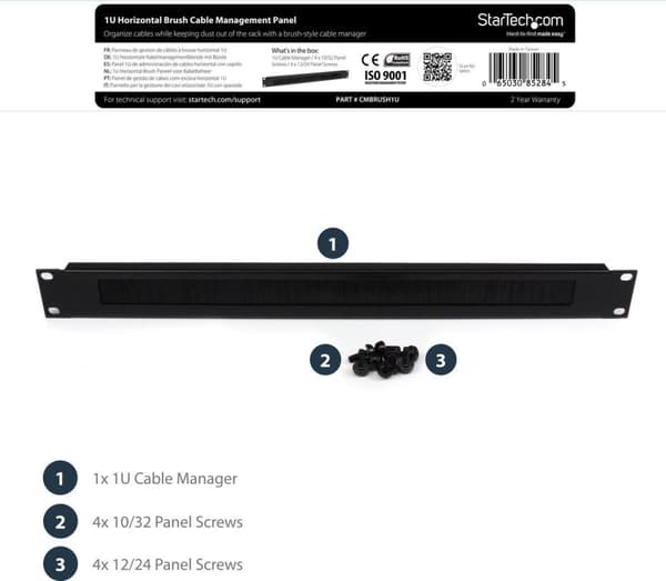 StarTech 1U børstehårskabelpanel til vandrette serverracks