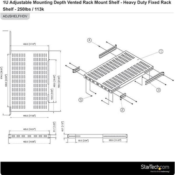 StarTech.com Server Rack Hylde - 1U - Justerbar monteringsdybde - Kraftig - Rack - Hylde - Sort - 1U - 48,3 cm (19") - til P/N: RK1233BKM, RK2433BKM,