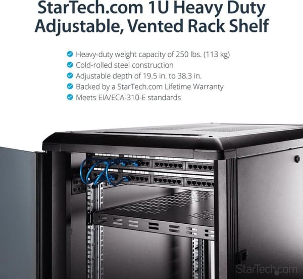 StarTech.com Server Rack Hylde - 1U - Justerbar monteringsdybde - Kraftig - Rack - Hylde - Sort - 1U - 48,3 cm (19") - til P/N: RK1233BKM, RK2433BKM,