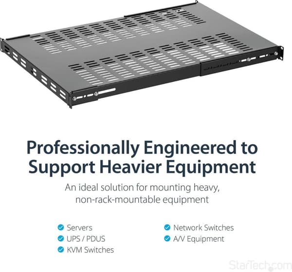 StarTech.com Server Rack Hylde - 1U - Justerbar monteringsdybde - Kraftig - Rack - Hylde - Sort - 1U - 48,3 cm (19") - til P/N: RK1233BKM, RK2433BKM,