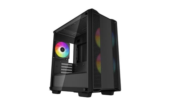 DeepCool CC360ARGB. Formfaktor: Mini Tower, Type: PC, Farve på produkt: Sort. Strømforsyningsplacering: Gulv, Understøttede strømforsyningsformfaktore Sort