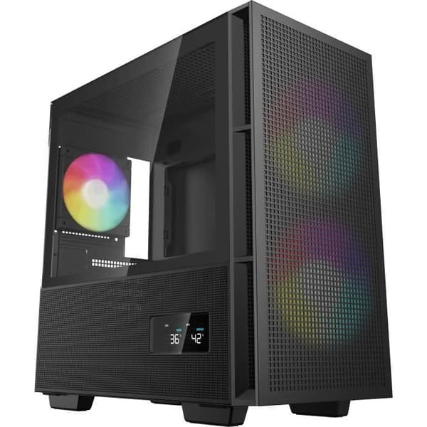 Mini Tower-fodral med hybrid sidopanel, digital skärm, 2 140 mm ARGB-fläktar på framsidan. Svart