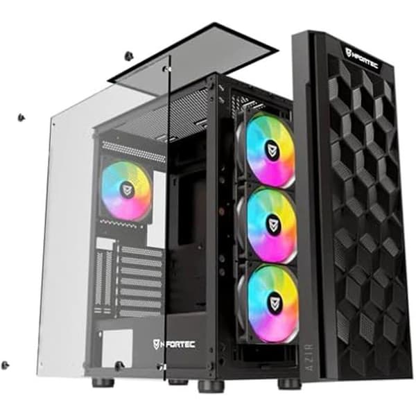 Nfortec - AZIR Mid Tower Gaming PC-fodral (ATX), 4x 120 mm ARGB-fläktar ingår, främre mesh, sidor av härdat glas, svart