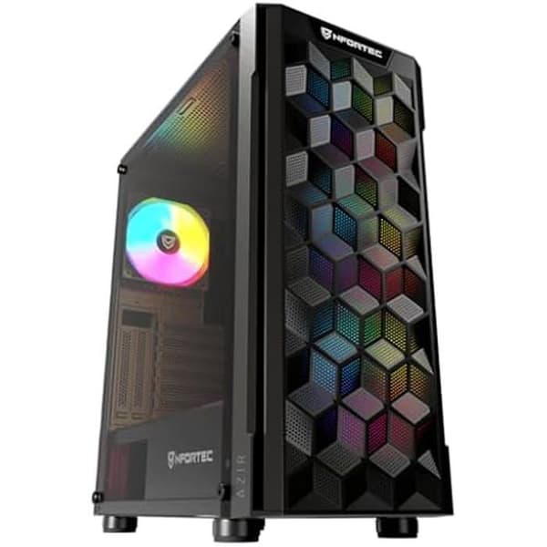Nfortec - AZIR Mid Tower Gaming PC-fodral (ATX), 4x 120 mm ARGB-fläktar ingår, främre mesh, sidor av härdat glas, svart