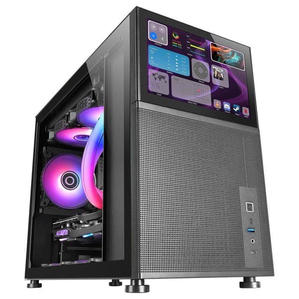 Mars Gaming MC-LCD, Micro-ATX Gaming PC-fodral, 8" IPS LCD-skärm, sido-, topp- och frontgaller, härdat glas, svart