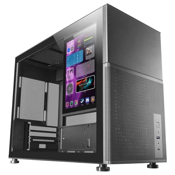 Mars Gaming MC-LCD, Micro-ATX Gaming PC-fodral, 8" IPS LCD-skärm, sido-, topp- och frontgaller, härdat glas, svart Svart