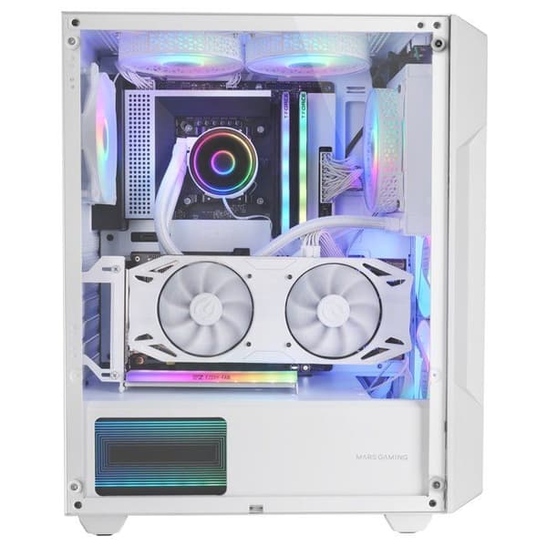 Mars Gaming MC-GEO, ATX-spelfodral, 4X 120 cm FRGB-fläktar, Geometrisk Mesh-frontpanel, Fönster av härdat glas, Vit