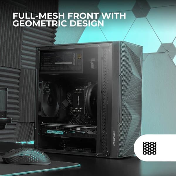 Mars Gaming MC-1500, kompakt MicroATX-fodral, sidofönster i härdat glas, geometrisk frontdesign med totalt mesh, 1x