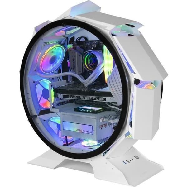 Mars Gaming MCORB Vit, Micro-ATX XL Gaming PC-fodral, anpassad cirkulär design, härdat dubbelglas Vit