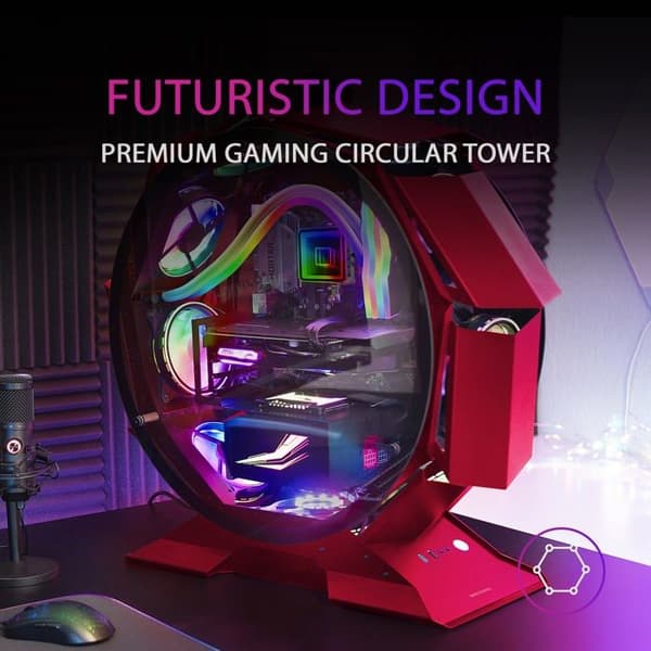 Mars Gaming MCORB Röd, Micro-ATX XL Gaming PC-fodral, anpassad cirkulär design, härdat dubbelglas