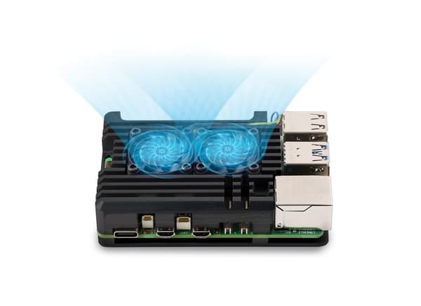 Alumiinikotelo Raspberry Pi 5:lle kahdella jäähdytystuulettimella
