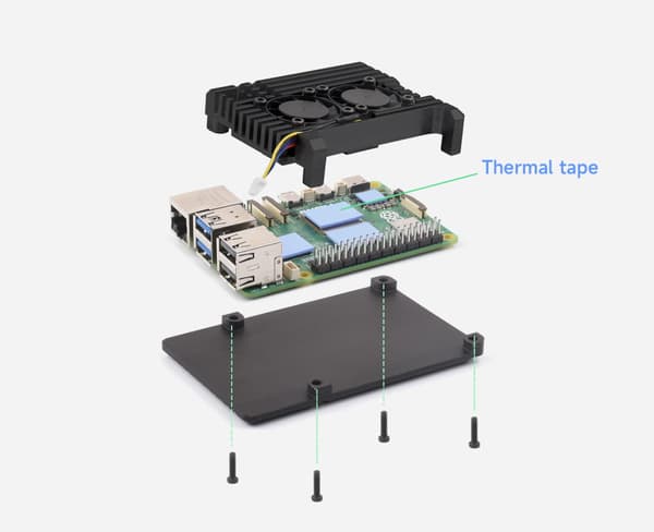 Alumiinikotelo Raspberry Pi 5:lle kahdella jäähdytystuulettimella