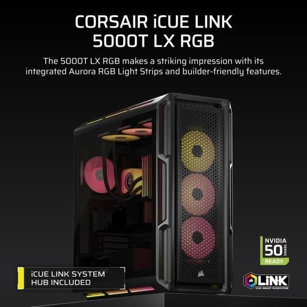 PC-chassi - CORSAIR - iCUE LINK 5000T LX RGB-serie - Mellanhöjd - Svart