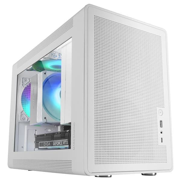 Mars Gaming MC-XPS, Ultra-kompakt MicroATX Gaming Chassi, Härdat Glas + Mesh, FRGB Fläkt 120mm, Vit