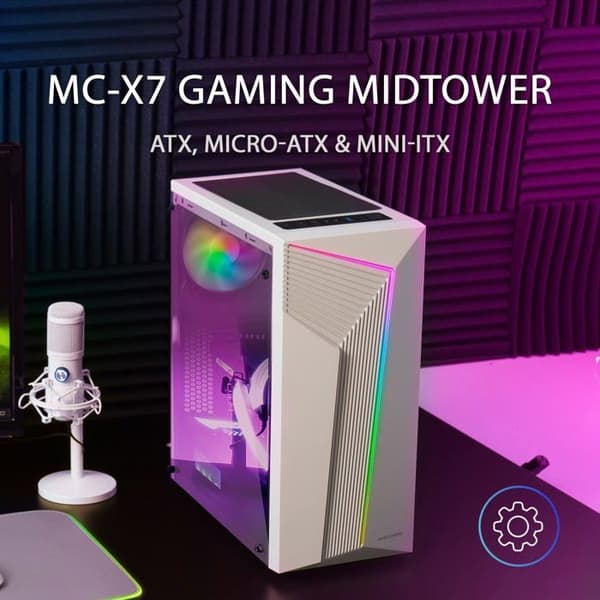 ATX Fodral Mars Gaming MC-X7 Blanco Caja PC Gaming ATX Frontal ARGB Ventilator 12cm RGB Ventana Lateral Completa