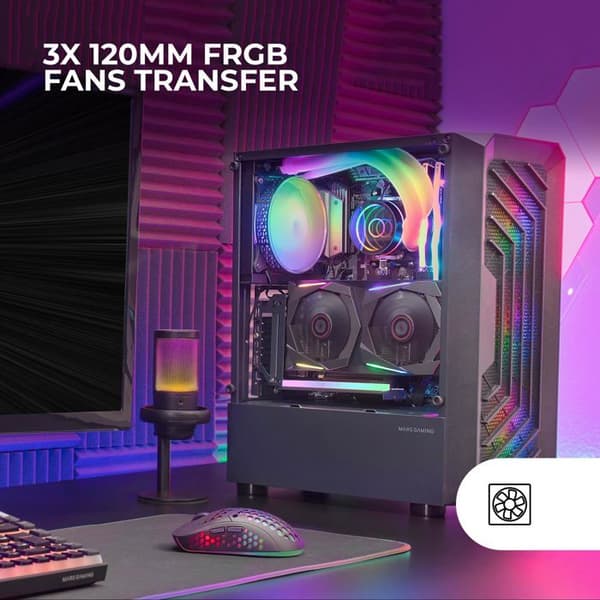 Mars Gaming MC-TOR Svart, ATX Gaming Semi-Tower Case, Helt sidofönster, Front Mesh Design, 3x 120 mm FRGB-fläktar,