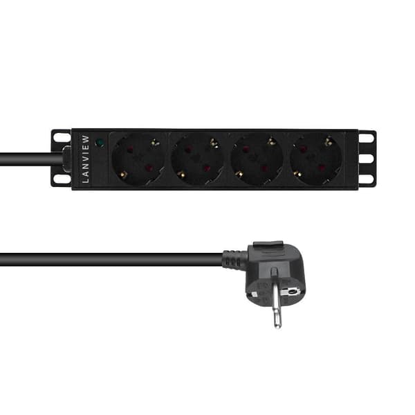 Lanview strømskinne 4 Schuko stikkontakter, 10'', 2m kabel 3G1.5mm2, lysindikator, LVR-2MSCH-LIC-SCH4
