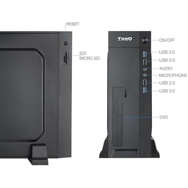 TOOQ TQC-3008U3C - Smal Micro-ATX/Mini-ITX-fodral, SD/TF-kortläsare, 500W Micro-ATX/SFX-strömförsörjning ingår, svart