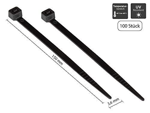 Kabelbindere 150 mm x 3,6 mm, sorte, UL, UV-resistente, -40 °C til +85 °C, pakke med 100, god forbindelse (KAB-15S36)