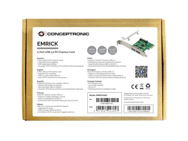 Conceptronic EMRICK 2-ports USB 3.2 Gen 2 PCI Express-kort - PCIe - USB 3.2 Gen 1 (3.1 Gen 1) - PCI 2.0 - SATA 15-bens - Grøn - PC (EMRICK06G)