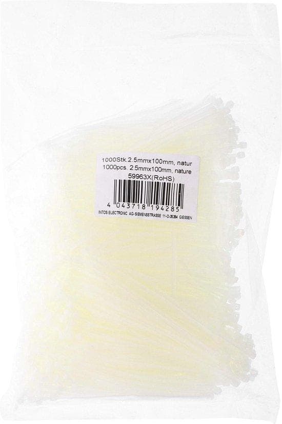 Kabelbindere, længde 100 mm, bredde 2,5 mm, hvid, 1000 styk, bulk (59963X)