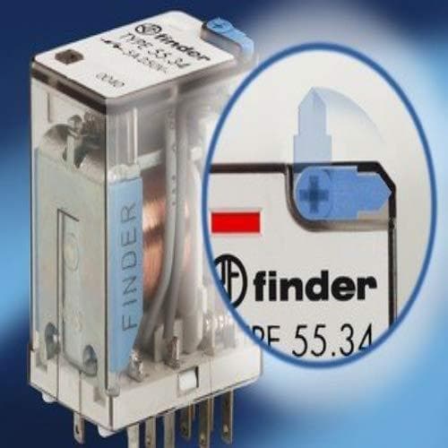 Finder 553490240040 Relæ, stikbar, beskyttelsestype RT IV, 7 A, 24 VDC, med testknap, mekanisk display