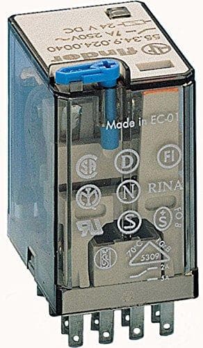 Finder 553490240040 Relæ, stikbar, beskyttelsestype RT IV, 7 A, 24 VDC, med testknap, mekanisk display