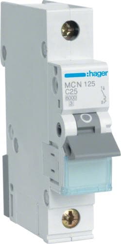 Hager MCN125. Napojen lukumäärä: 1P. AC-tulotaajuus: 50/60 Hz, nimellisvirtalähtö: 25 A. leveys: 17,5 mm, syvyys: 70 mm, korkeus: 83 mm (MCN125)