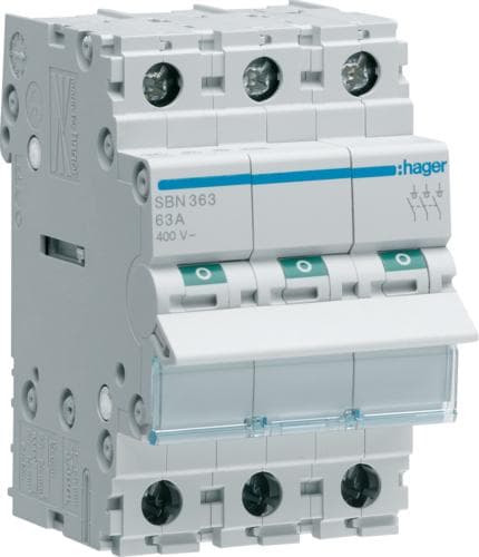 Hager SBN363. Märkström: 63 A, Spolespänning (max): 440 V. Modulantal (max): 3 modul(er), Internationell skyddsklass (IP-kod): IP20. Bredd: 52,5 mm, h