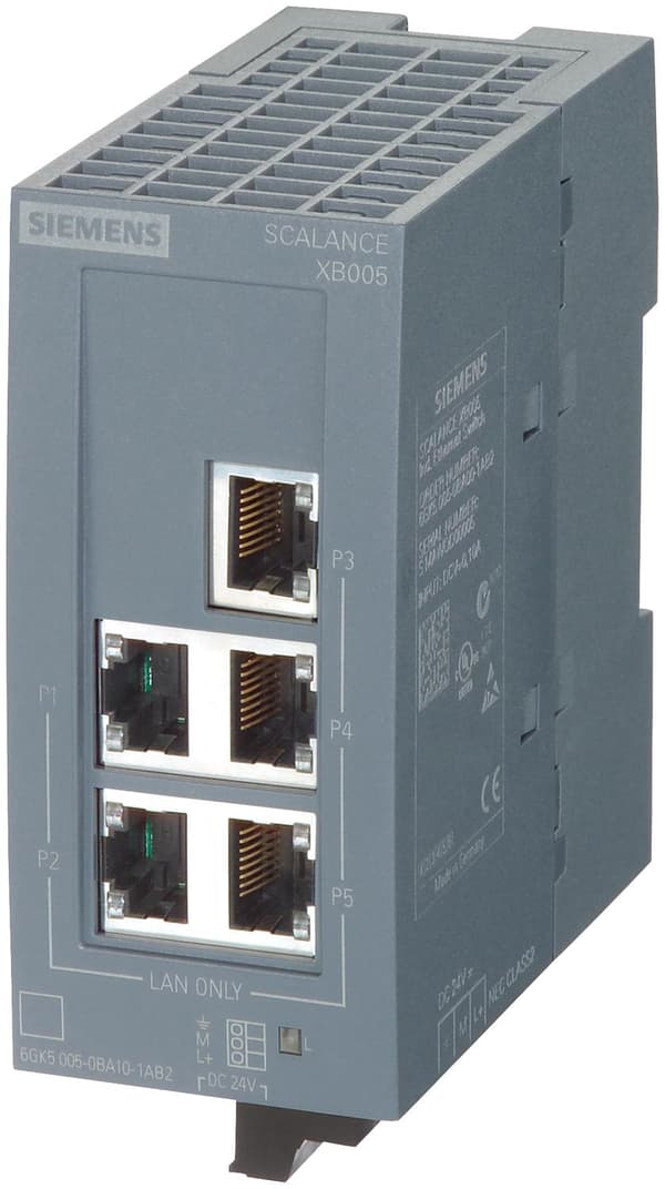 Siemens industriel switch unmanaged SCALANCE XB005 Antal Ethernet-porte 5 LAN-transmissionshastighed 100 MBit/s driftsspænding (6GK5005-0BA00-1AB2)