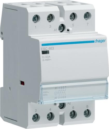 Hager ESC463. Kontaktstrøms bæreevne: 63 A, kabeltværsnit: 4/16 mm², driftstemperaturområde: -10 - 50 °C. AC-indgangsspænding: 230 V, AC-indgangsfrekv