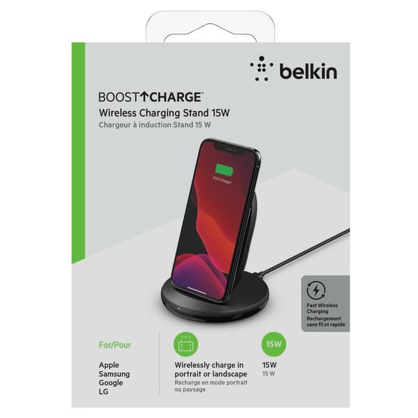 Belkin BOOST↑CHARGE - 15W trådløs opladningsstander - med Quick Charge™ 3.0 24W vægoplader - Sort