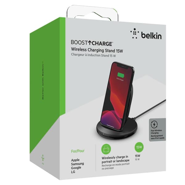 Belkin BOOST↑CHARGE - 15W trådløs opladningsstander - med Quick Charge™ 3.0 24W vægoplader - Sort