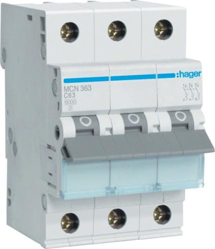 Hager MCN363. Mærkestrøm: 63 A. Type: C-type, moduler Antal (maks.): 3 modul(er). Bredde: 52,5 mm, Dybde: 70 mm, Højde: 83 mm (MCN363)