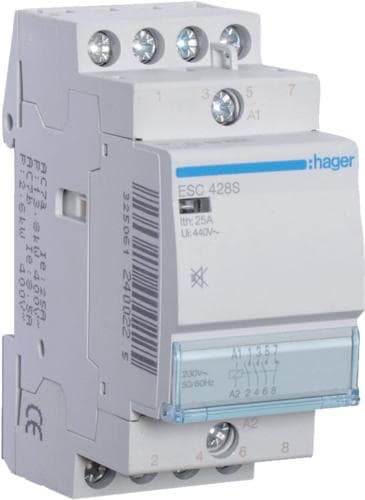 Hager ESC428S. Kontaktstrøms bæreevne: 25 A, kabeltværsnit: 1/6 mm², driftstemperaturområde: -10 - 50 °C. AC-indgangsspænding: 230 V, AC-indgangsfrekv