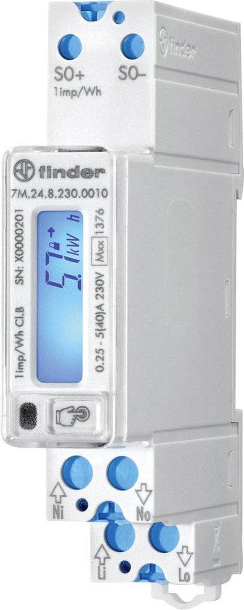 Finder 7M.24.8.230.0010 kWh mittari 1-vaihe digitaalinen 40 A MID:n mukaisesti: Kyllä 1 kpl