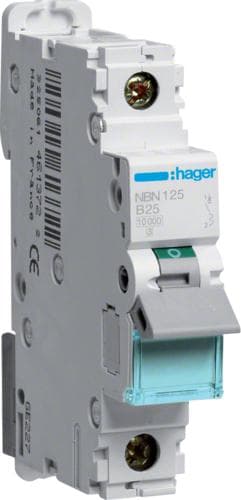 Hager NBN125. Antal stænger: 1P. AC-indgangsfrekvens: 50/60 Hz, nominel strømudgang: 25 A. bredde: 17,5 mm, dybde: 70 mm, højde: 83 mm (NBN125)