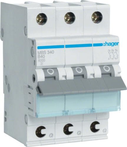 Hager MBS340. Märkström: 40 A. Typ: B-typ, moduler Antal (max): 3 moduler. Bredd: 52,5 mm, djup: 70 mm, höjd: 83,4 mm (MBS340)