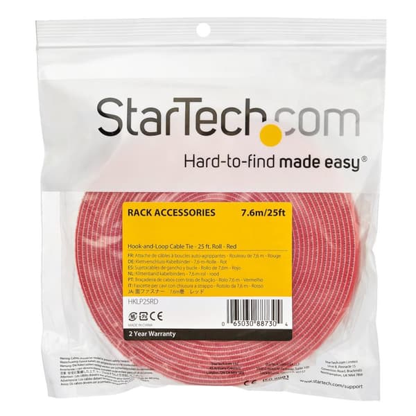 StarTech.com 25 fot. Kardborrerulle - Röd - Kabelhantering - Kardborreband - 7,62 m - Röd