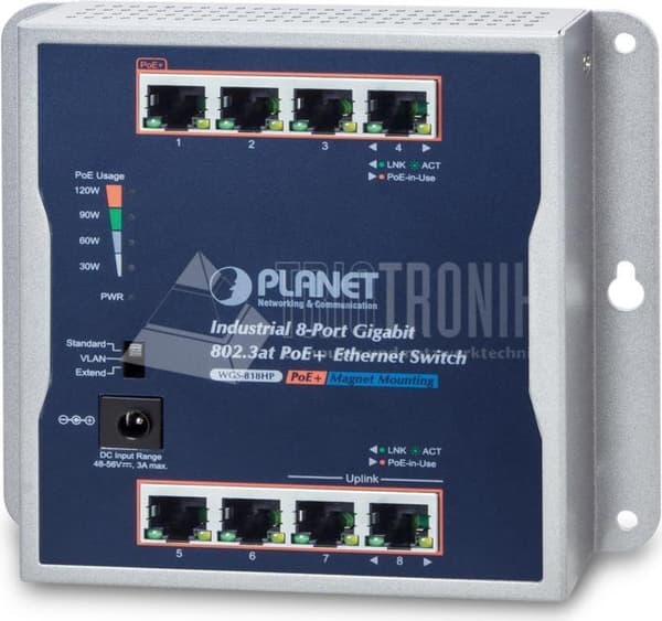 PLANET IP30 Industriel 8-ports - -20 - 60 °C - -20 - 70 °C - 5 - 95% - 5 - 95% - 148mm - 25mm (WGS-818HP) Grå