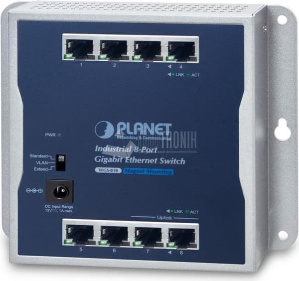 PLANET Industrial 8-ports - -20 - 60 °C - -20 - 70 °C - 5 - 95% - 5 - 95% - 148mm - 25mm (WGS-810) Blå, Grå