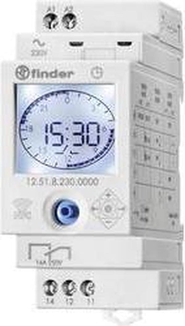 Finder 12.51.8.230.0000 Uretur til DIN-skinner 230 V/AC 1x skiftekontakt 16 A 250 V/AC Dagsprogram, Ugeprogram