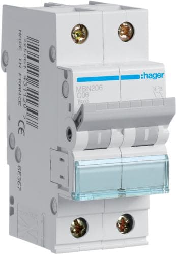 Hager MBN206. Antal stænger: 2P. AC-indgangsfrekvens: 50/60 Hz, nominel strømudgang: 6 A (MBN206)
