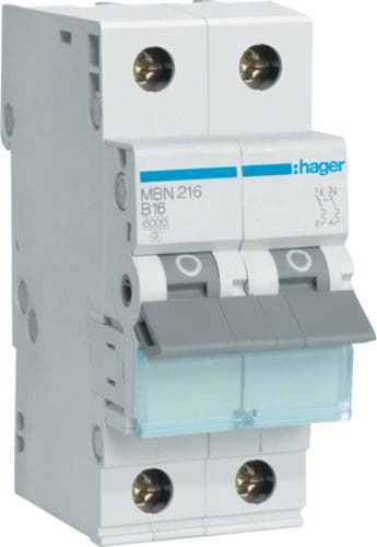 Hager MBN216. Antal stænger: 2P. AC-indgangsfrekvens: 50/60 Hz, nominel strømudgang: 16 A (MBN216)