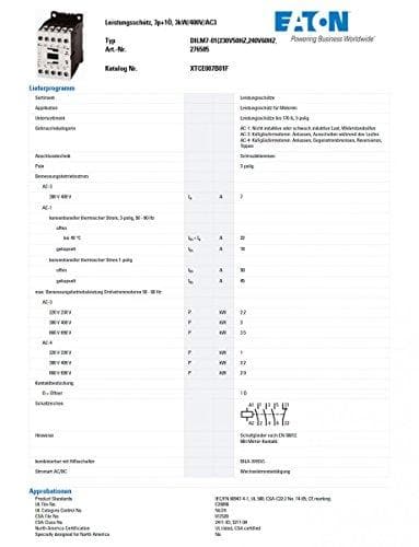 Eaton 276585 strømkontaktor, 3-polet + 1 NC, 3 kW/400 V/AC3