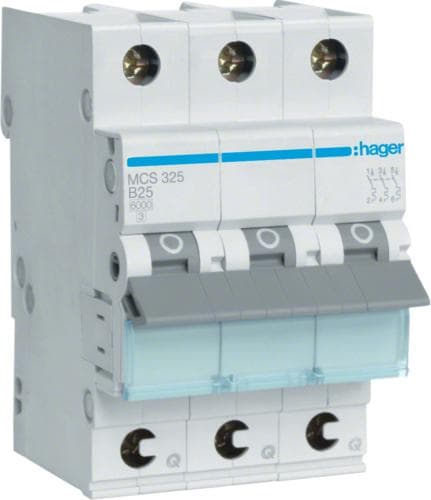Hager MCS325. Strømværdi: 25 A, AC-indgangsfrekvens: 50/60 Hz. Type: C-type, moduler Antal (max): 3 modul(er). Bredde: 52,5 mm, Dybde: 70 mm, Højde: 8