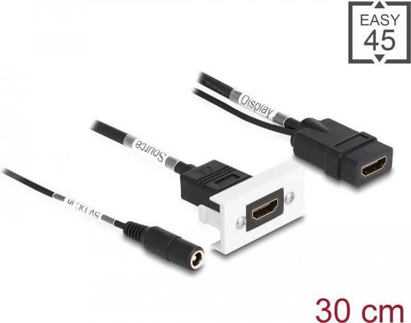 Delock Easy 45 HDMI 4K 60 Hz modul med DC feed-in 2,1 x 5,5 mm og breakout kabel, 22,5 x 45 mm (81384)