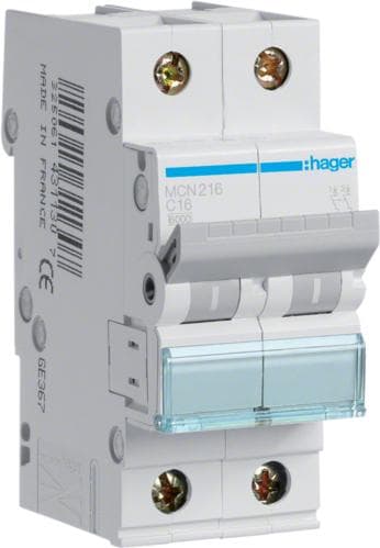 Hager MCN216. Antal stænger: 2P. AC-indgangsfrekvens: 50/60 Hz, nominel strømudgang: 16 A. bredde: 35 mm, dybde: 70 mm, højde: 83 mm (MCN216)