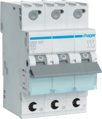 Hager MBS320. Mærkestrøm: 20 A. Type: B-type, moduler Antal (maks.): 3 modul(er). Bredde: 52,5 mm, Dybde: 70 mm, Højde: 83,4 mm (MBS320)